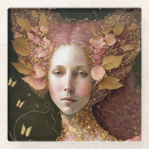 Posavasos De Vidrio Oro Rosa Fae Fae Mujer Fantasía Arte