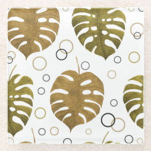 Posavasos De Vidrio Oro tropical: acuarela de hoja de monstera