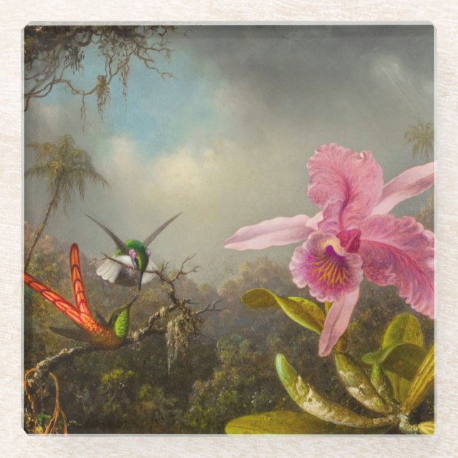 Posavasos De Vidrio Orquídea con dos Hummingbirds Heade (Anverso)
