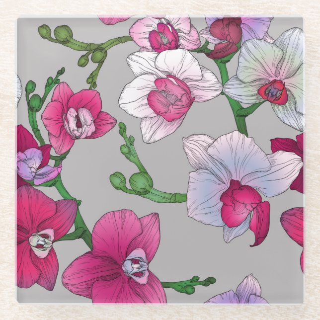 Posavasos De Vidrio Orquídeas rosadas en la floración (Anverso)