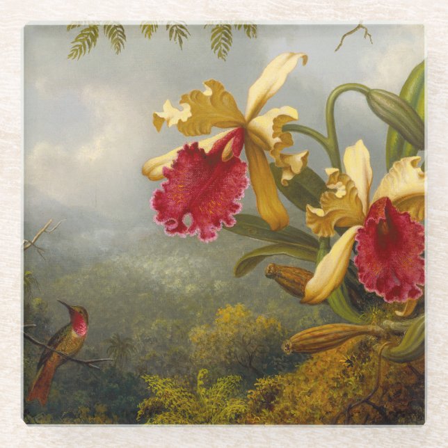 Posavasos De Vidrio Orquids y Hummingbird Heade (Anverso)