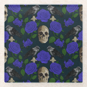 Posavasos De Vidrio Oscuro Rosa gótico de Grungy Vines Raven Skull azu