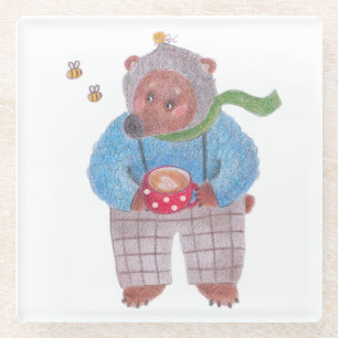 Posavasos De Vidrio Oso, abejas y capuchino