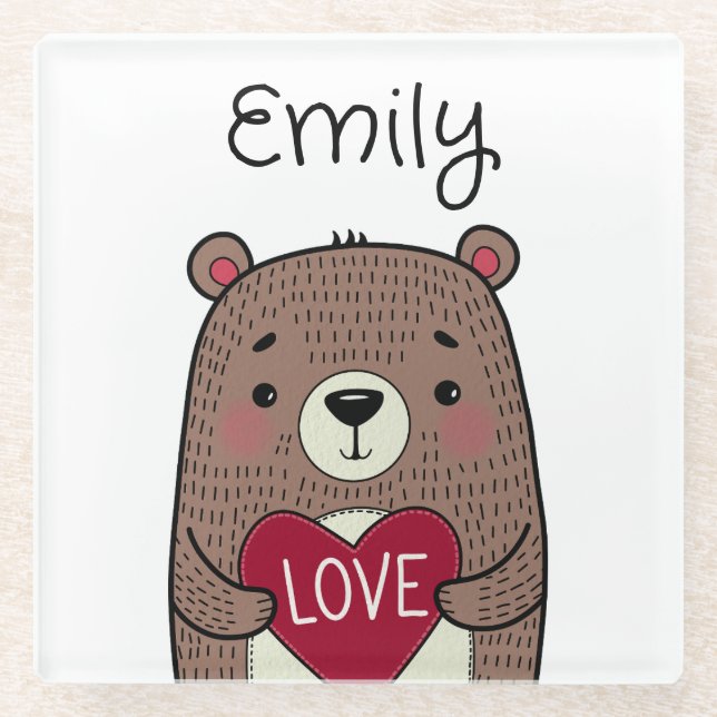 Posavasos De Vidrio Oso Caprichoso y Fantasioso con Corazón Dibujo (Anverso)