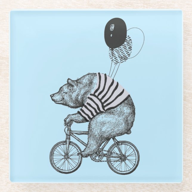 Posavasos De Vidrio Oso de bicicleta con globo (Anverso)