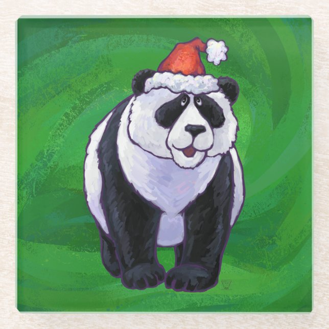 Posavasos De Vidrio Oso de panda en el gorra de Santa en verde (Anverso)