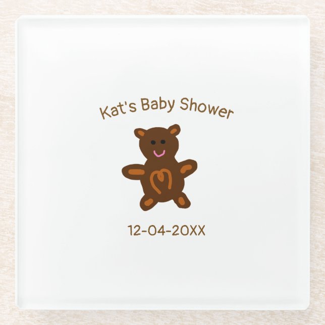 Posavasos De Vidrio Oso de peluche marrón ducha de bebé añada nombre f (Anverso)
