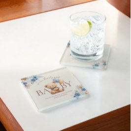 Posavasos De Vidrio Oso De Teddy Con Rosa Azul Boho De Globo Baby Show