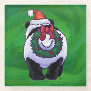 Posavasos De Vidrio Oso Panda en Santa Hat en Green