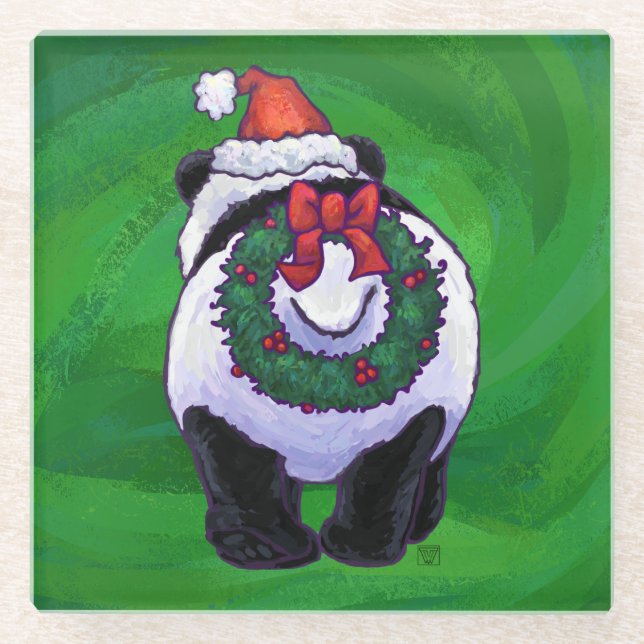 Posavasos De Vidrio Oso Panda en Santa Hat en Green (Anverso)