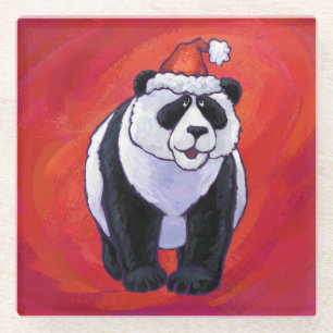Posavasos De Vidrio Oso Panda en Santa Hat en rojo