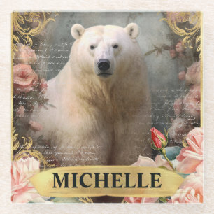 Posavasos De Vidrio Oso polar vintage acuarela y rosas rosadas