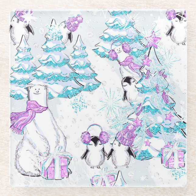 POSAVASOS DE VIDRIO OSOS POLARES Y PENGUINOS CON ÁRBOLES Y PRESENTES (Anverso)