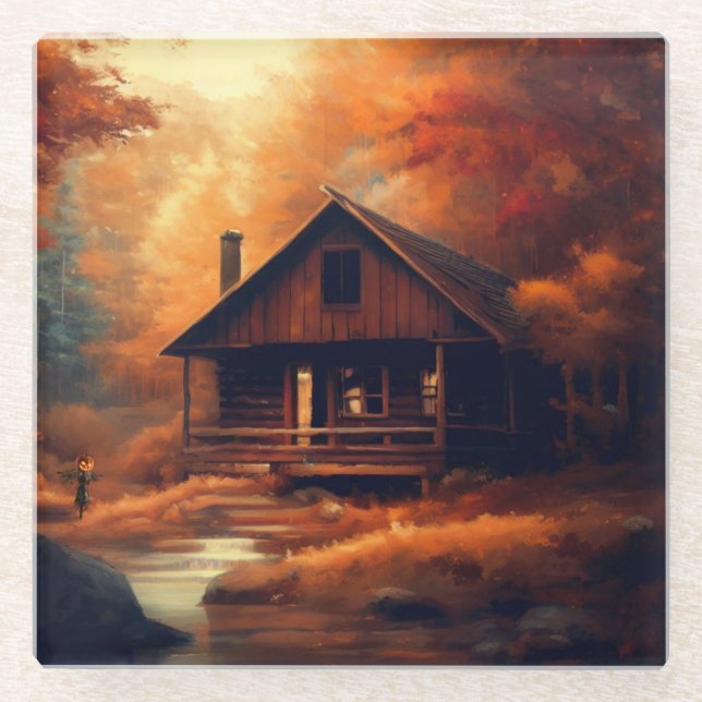 Posavasos De Vidrio Otoño/otoño/Halloween/pintura rústica (Anverso)