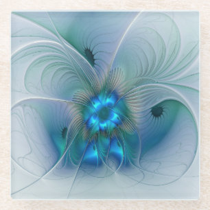 Posavasos De Vidrio Ovaciones de pie, fractal azul turquesa abstracto