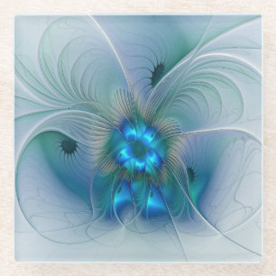 Posavasos De Vidrio Ovejas en pie, abstracto fractal turquesa azul