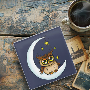Posavasos De Vidrio Owl Moon Blue Cute Stars