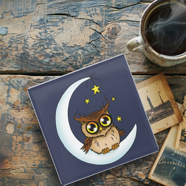 Posavasos De Vidrio Owl Moon Blue Cute Stars (Subido por el creador)