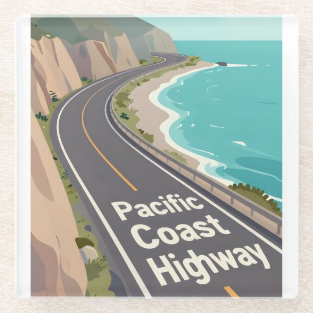 Posavasos De Vidrio Pacific Coast Highway Graphic Travel Art (Anverso)