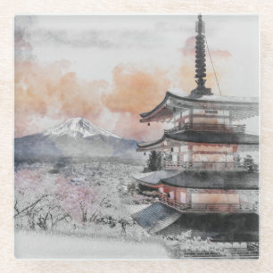 Posavasos De Vidrio Pagoda Japonesa Acuarela & Fuji 