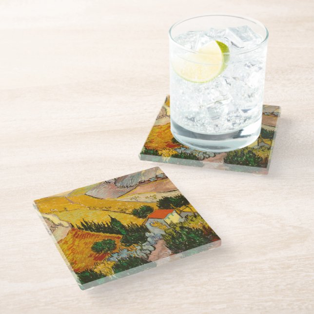 Posavasos De Vidrio Paisaje con House y PloughmaVincent van Gogh (Angular)