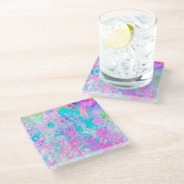 Posavasos De Vidrio Paisaje de Hortensias Azul Acuario y Rosa Caliente