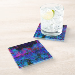Posavasos De Vidrio Paisaje de jardín impresionista de azul oscuro y r