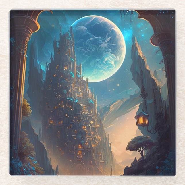 Posavasos De Vidrio Paisaje Futurista del Castillo de Fantasía (Anverso)