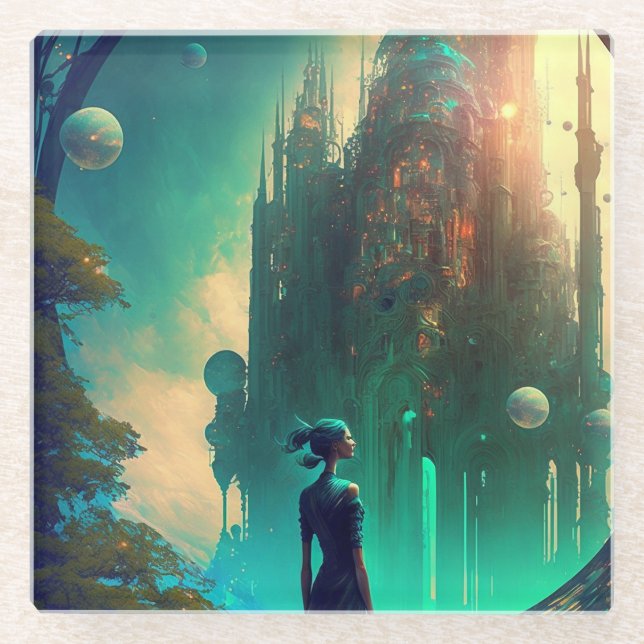 Posavasos De Vidrio Paisaje Futurista del Castillo de Fantasía (Anverso)