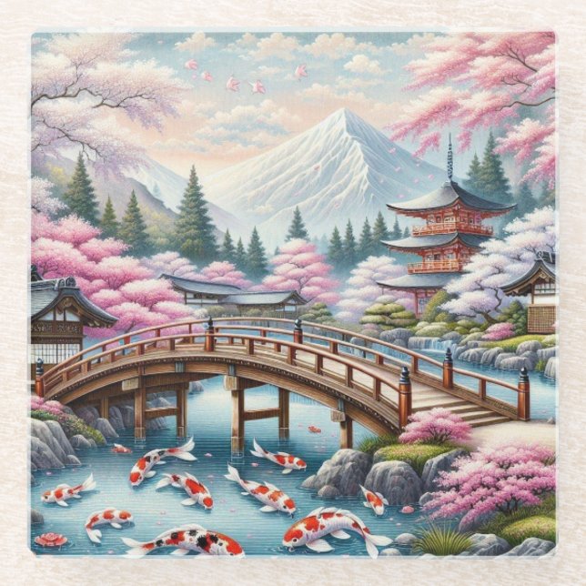 Posavasos De Vidrio Paisaje japonés con árboles de Bridge, Koi y Sakur (Anverso)
