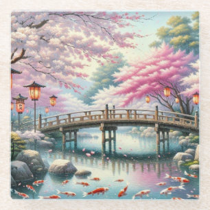 Posavasos De Vidrio Paisaje japonés con árboles de Bridge, Koi y Sakur