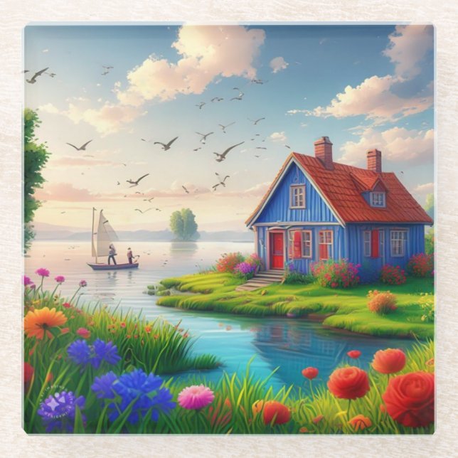 Posavasos De Vidrio Paisaje natural con cabaña y lago,-434567 (Anverso)