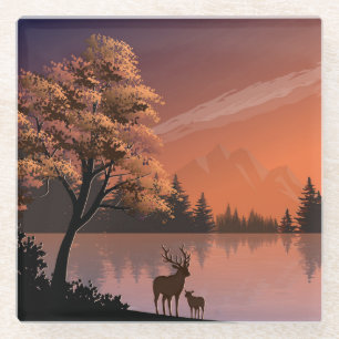 Posavasos De Vidrio Paisaje Sunrise con Lago y Deers-51207