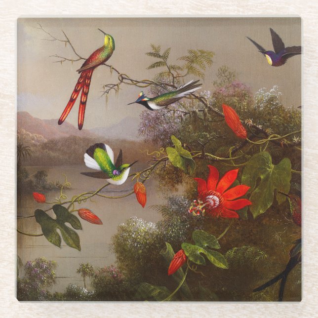 Posavasos De Vidrio Paisaje tropical con 10 Hummingbirds Heade (Anverso)
