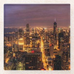 Posavasos De Vidrio Paisaje urbano de la noche de Chicago