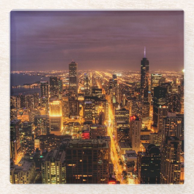 Posavasos De Vidrio Paisaje urbano de la noche de Chicago (Anverso)