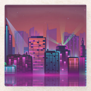 Posavasos De Vidrio Paisaje urbano nocturno brillante, vintage.