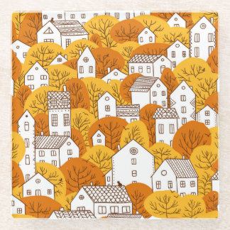 Posavasos De Vidrio Paisaje urbano otoñal, patrón de casas de árboles.