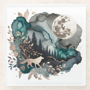 Posavasos De Vidrio Paisaje Wolf y oro Verde azulado Moon