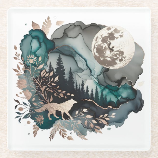 Posavasos De Vidrio Paisaje Wolf y oro Verde azulado Moon (Anverso)