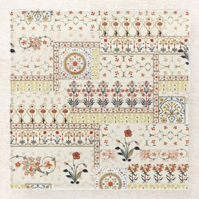 Posavasos De Vidrio Paisley floral mogol: Elegancia digital étnica. (Anverso)