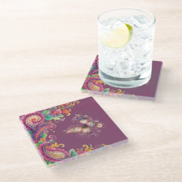 Posavasos De Vidrio Paisley floral y mariposa