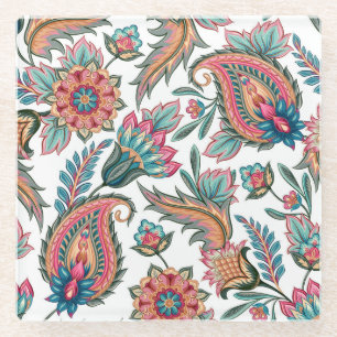 Posavasos De Vidrio Paisley Oriental: Floral Vintage sin soldadura