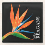 Posavasos De Vidrio Pájaro acuarela del Personalizado personalizado de<br><div class="desc">Las galerías de vidrio personalizadas cuentan con tu apellido y un exótico pájaro tropical de flores de acuarela del paraíso sobre un fondo negro. COINCIDIENDO con los artículos de nuestra tienda.</div>