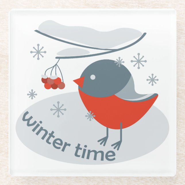 Posavasos De Vidrio Pájaro bullfinch de invierno y bayas rojas (Anverso)