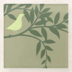 Posavasos De Vidrio Pájaro verde encaramado en rama verde
