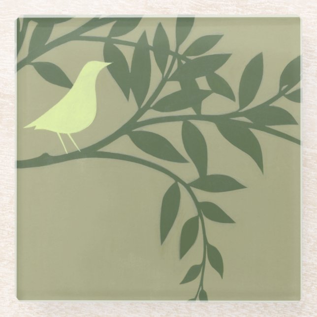 Posavasos De Vidrio Pájaro verde encaramado en rama verde (Anverso)