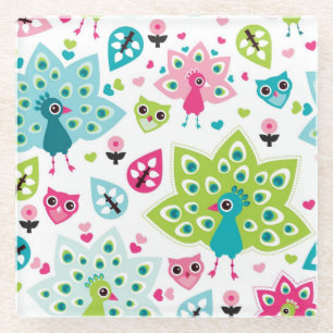 Posavasos De Vidrio pájaro y búho del pavo real