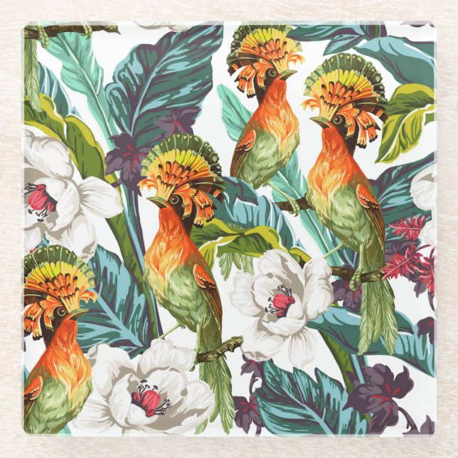 Posavasos De Vidrio Pájaro y estampado de plores exótico 2 (Anverso)