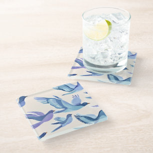 Posavasos De Vidrio Pájaros Azules Volando Pintura Moderna Acuarela
